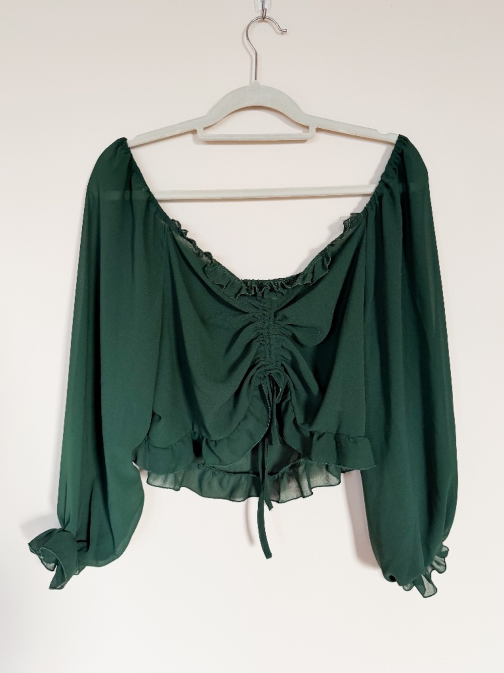 Shein Curve Green Ruffle Long Sleeve Off Shoulder Crop Top